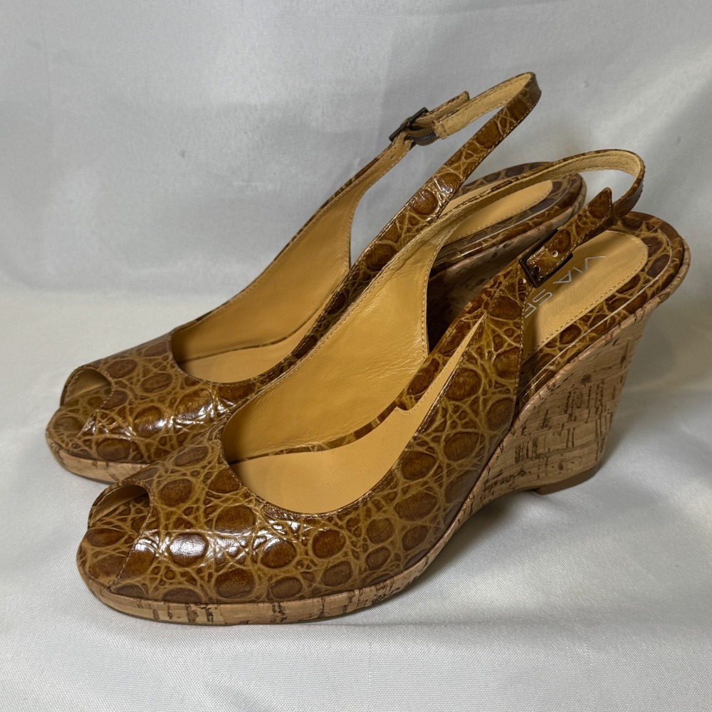Via Spiga Brown Croc Embossed Leather Cork Wedge Slingback Peep Toe Heels 9M